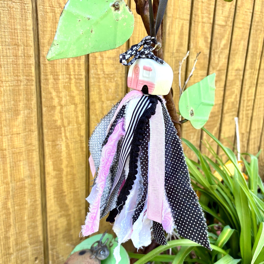Handmade Pink Camper Salt Shaker Tassel Ornament Boho Cottagecore Farmhouse Gift